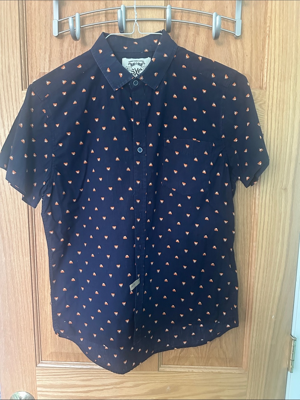 Men's Navy Short-Sleeve Button-Down Shirt with Orange Print